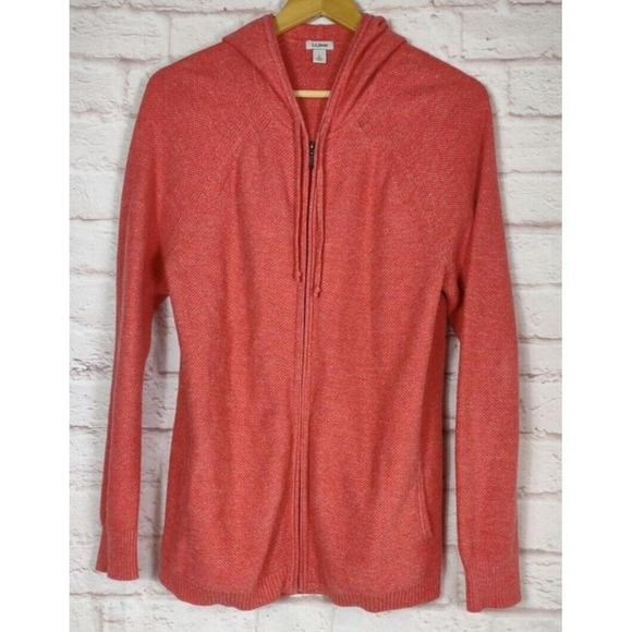 L.L. Bean Tops - LL Bean Hoodie Sweater Jacket Womens L Tangerine Cotton Knit Long Sleeve Zip Up